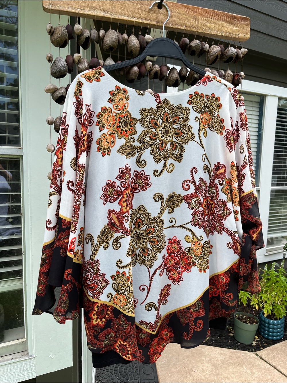 Ruby Rd. White Floral Poncho Top with Red & Gold Accents - Picture 3 of 5